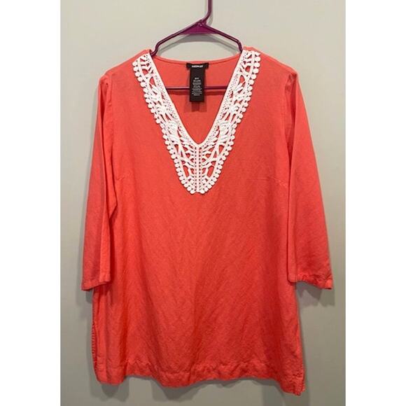 Premise Coral Embroidered Linen Blend 3/4 Sleeve Pullover Top Size M - Picture 1 of 7